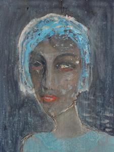 Walter-Schembs-Holz-Tafel-Gemälde-Portrait-Frau-Blaue-Haare