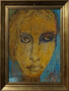 Walter-Schembs-Holz-Tafel-Gemälde-Portrait-Frau-Gelbe-Haare-Gold-Rahmen