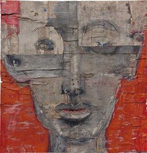 Walter-Schembs-Holz-Tafel-Gemälde-Portrait-Mann-Augen-Verbunden-Rot-Blau-Fragment